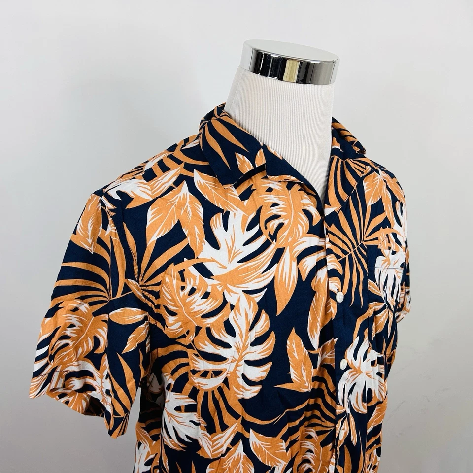 Camisa Onia Mediana Hawaiana Aloha Azul Marino Naranja Floral Palmeras Mezcla de Algodón Foto 1 de 4