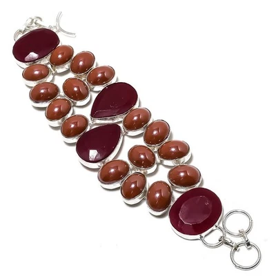 Ruby(Simulated) Sunstone Gemstone 925 Sterling Silver Bracelet 7-8" B070 - Image 1 of 2