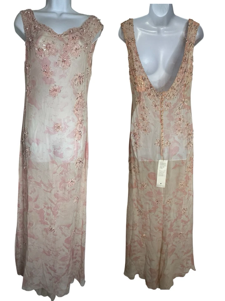 NUEVO CON ETIQUETAS DE COLECCIÓN Vestido Maxi Sin Mangas Seda Capucha Transparente Corte Sesgado Cuentas Floral Y2K Hada 12 Foto 1 de 4