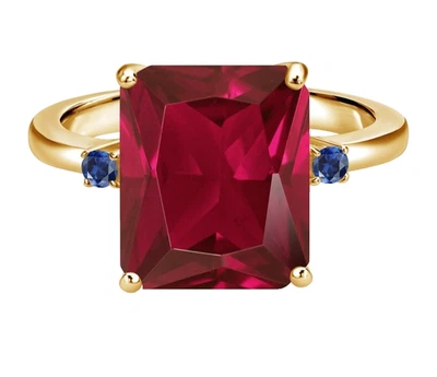 925 Silver Yellow Gold Plated Created Red Ruby and Blue Sapphire Cocktail Ring - Image 1 of 4