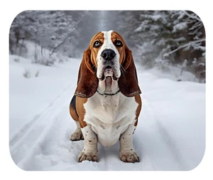 BASSETT HOUND SNOW HOLIDAY THEMED OPT #2 MOUSEPAD MOUSE PAD THICK 9" X 7" - Picture 1 of 6