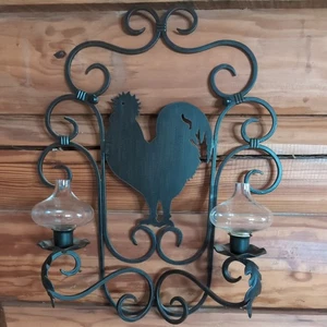 Southern Living at Home Rustic Rooster Iron Wall Candle Sconce w/2 crystal vases - Picture 1 of 5