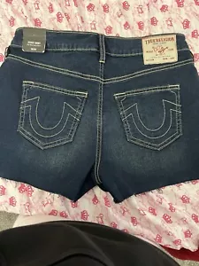 True Religion Jennie Mid Rise Raw Hem Shorts Dark Scorched Wash Sz 28 NWT $119 - Picture 1 of 4