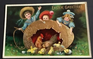 Vintage Easter Greetings Glossy Postcard Girls w/ Gold Foil Egg Chicken Diorama - Picture 1 of 3