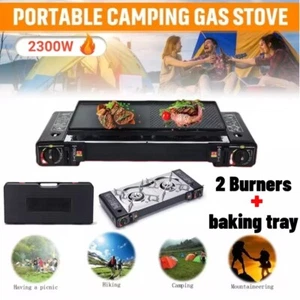 2 Burner Gas Stove BBQ Portable Outdoor Twin Stove Camping Hiking Cooker w/Plate - Picture 1 of 11