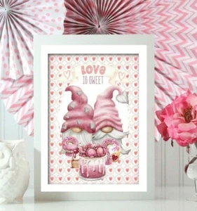 Love is Sweet Pink Gnome Valentine Sign, Wedding, Engagement, etc. - A5, A4, A3 - Picture 1 of 3
