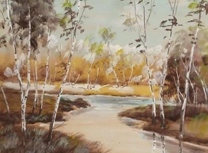 Antikes impressionistisches Gouache Gemälde Birkenwald Landschaft - Bild 1 von 12