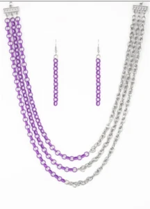 Conjunto de collar Paparazzi cadena plata púrpura capas Turn Up The Volume - Imagen 1 de 1