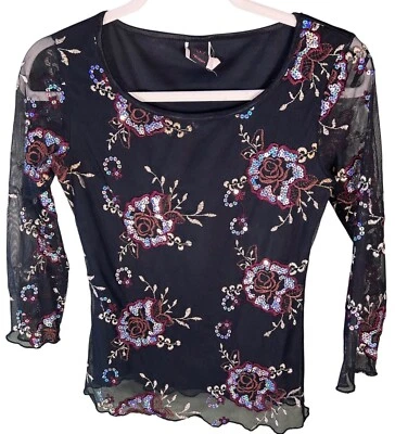 Mujer Pequeño Negro Malla Transparente Floral Bordado Top Lentejuelas Y2K Hada Capricho Foto 1 de 4