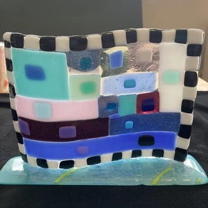 Ocean Magic “Wave Fused Art Glass Handmade 8”x6” Free Standing On Base Original - Picture 1 of 11