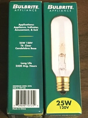 New 2-PACK Bulbrite 707125 Tubular Lamp Bulbs 25W, 120V, T6, Clear, Candelabra - Image 1 of 3