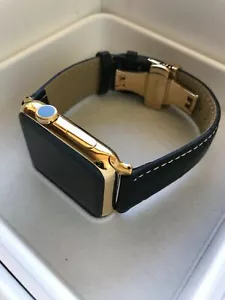 24K Gold Plated 42MM Apple WATCH Series 2 Black Band Deploy Buckle - Picture 1 of 11