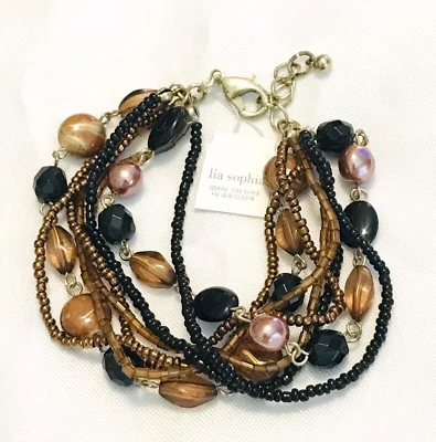 Браслет золотистый многожильный Lia Sophia «Interplay» коричневые и черные стеклянные бусины - Изображение 1 из 2