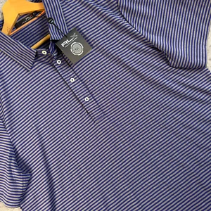 Ralph Lauren RLX Golf Polo Shirt Men XL Blue Grey Stripe Polyester Wicking NWT - Picture 1 of 8