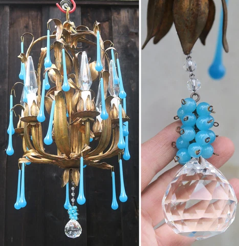 Vintage Tole Hollywood lamp Italy Chandelier Venetian Italy OPALINE Prisms beads Cover