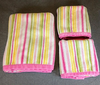 Pottery Barn Kids 3 Piece Towel Set Pink Green Yellow Stripe 100% Cotton Flaw - Image 1 of 4