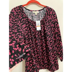 Michael Kors Black Shirt Pink Hearts Scoop Neck Knit Elastic Waist SZ S NEW - Picture 1 of 9