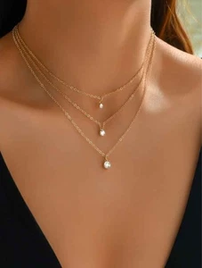 Fantasie Halskette mehrreihig, vergoldete Stahlketten, 3 Zirkonia Anhänger - Bild 1 von 2