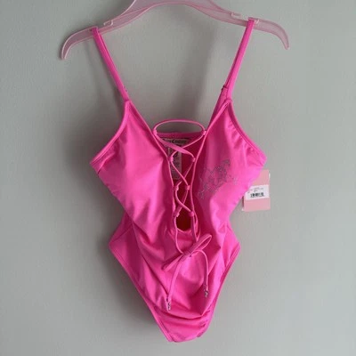 Nuevo con etiquetas Traje de baño Juicy Couture mediano rosa caliente de una pieza Traje de baño Playa Plateado Foto 1 de 4