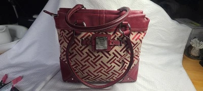 Bolso de hombro/Tote Tignanello de lona tostada/cuero rojo extra limpio por dentro y por fuera Foto 1 de 4