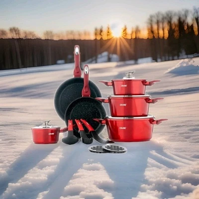 DMS TSM 4015R 15-teilig Induktion Kochgeschirr set Töpfe Bratpfanne,Rot/Metall - Bild 1 von 4