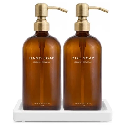 Amber Glass Soap Dispenser Set, Kitchen Soap Dispenser Set with Ceramic Tray,... - Imagem 1 de 4
