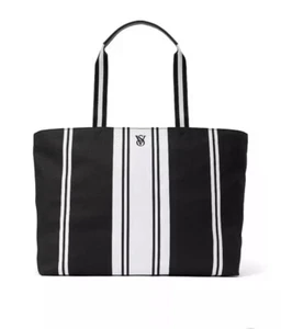 Victoria's Secret gestreifte Weekender Canvas-Tasche Strand Fitness Reise Reißverschluss schwarz & weiß - Bild 1 von 4
