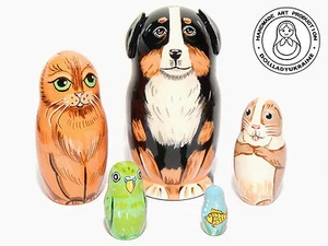 Home Pets Nesting doll 5 pcs, Matryoshka 4,25 in., Dog, Cat, Parrot, Gold Fish - Picture 1 of 4