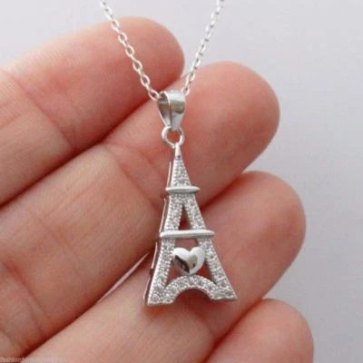 Collar Colgante Torre Eiffel Plata de Ley con Circonitas Cúbicas y Cadena de 18" Foto 1 de 4