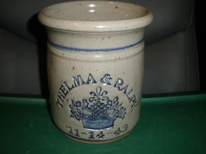 ZP Pottery Crock Thelma & Ralph 11-14-1943 Approx 6"x5" - Picture 1 of 5
