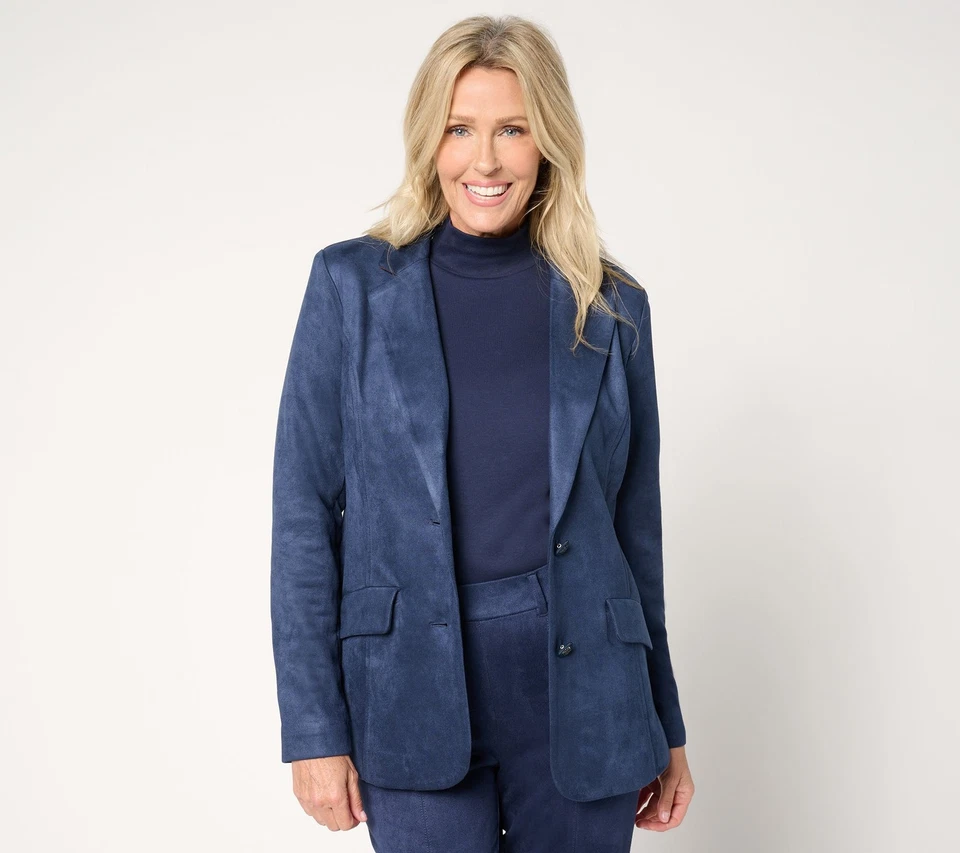 Isaac Mizrahi Live! Regular Estate Stretch Faux Suede Blazer with Lining Dark Na - Image 1 of 1
