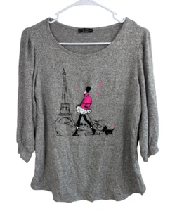 Ava James Womens Petite Grey Soft Paris Love 3/4 Sleeve Top Size PM NWT - Picture 1 of 9