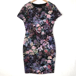 ADRIANNA PAPELL Floral Scuba Cap Sleeve Fitted Dress Sz 10 Back Zip Velvet Trim - Picture 1 of 13