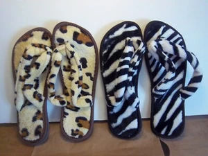 2 Pair - Indoor Only Bedroom Slipper Flip Flops - Size 9 - 10 Leopard and Zebra - Picture 1 of 4