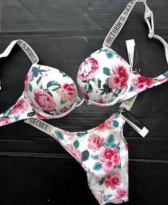 Victoria's Secret 34B BOMBSHELL BIKINI S,M WHITE PINK FLORAL Roses SHINE STRAP - Image 1 of 4