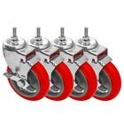 4 Pack 5 Inch Stem Caster Swivel with Side Brake Red Polyurethane Caster Wheels