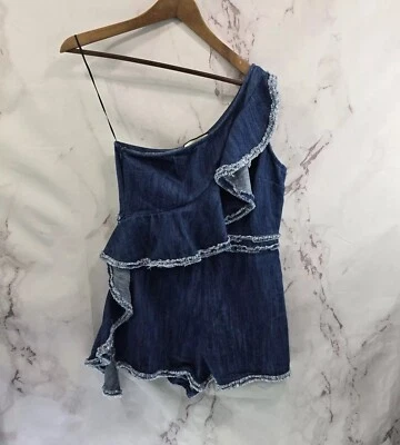 Alexis Blakely 女式连身裤大号牛仔荷叶边单肩  — 第 1/4 张图片