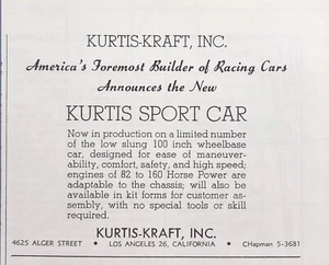 Coche deportivo Kurtis-Kraft, Inc. Los A Geles CA Builder anuncio impreso de colección 1949 - Imagen 1 de 4