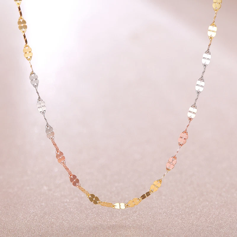 Novo Colar de Ouro Puro 18K Multitom Feminino Lucky Clover Link Chain / 15,7"L - Imagem 1 de 4