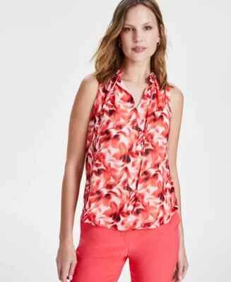 Top para mujer Anne Klein sin mangas con volantes y cuello con estampado floral rojo blanco M Foto 1 de 4