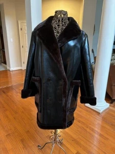 THEORY BONDED FAUX PATENT LEATHER & SHEARLING PEACOAT ESPRESSO WOMEN'S XL EUC - Picture 1 of 20