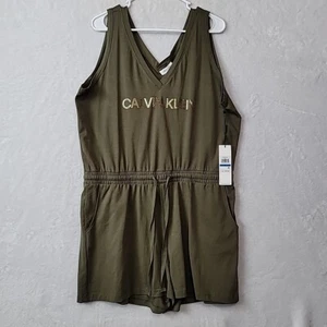 $59 Calvin Klein Sleeveless Rhinestone Romper Jumpsuit Olive Green Women XL READ - Picture 1 of 17