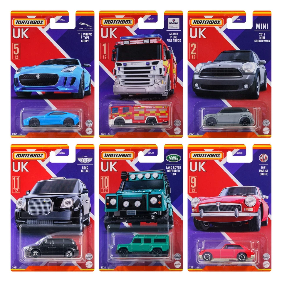 1:64 Matchbox Set 2021 Best Of UK Gran Bretagna 6 Pz. MG, Mini, Jaguar - Immagine 1 di 1