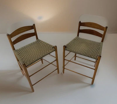 Wood New England Shaker Ladder Back Chairs, cotton woven seat, low back, Pair - Image 1 of 4