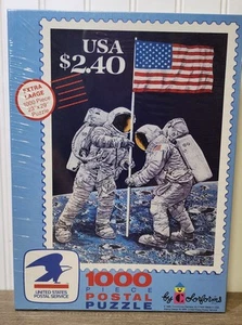 USPS Flag Planted On Moon 1000 Piece Postal Stamp Puzzle By Colorforms VTG 1989 - Picture 1 of 8