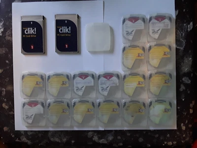 Iomega Clik! 2 x PC Card Drives, 16 x Boxed discs, carry box. Pocket zip - Image 1 of 4