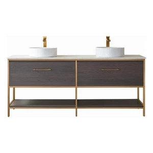 Vinnova Murica 72" White Top Vessel Sink Double Vanity Oak Wood Gold w/ Mirror - Picture 1 of 9