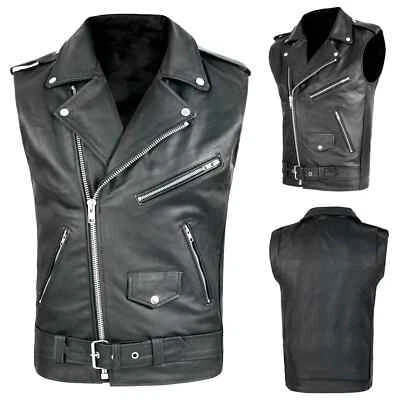 Mens Cowhide Leather Biker Waistcoat Sleeveless Vest Classic Brando Style Gilet - Image 1 of 4