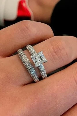 Anillo nupcial de compromiso de oro blanco de 14 quilates con diamantes cread... - Imagen 1 de 3