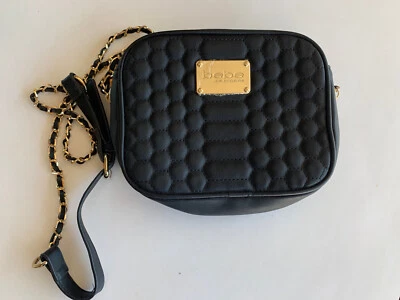 Bebe Crossbody Clutch Purse Black Quilted Faux Leather Bag Gold Toned Accent - Image 1 of 4